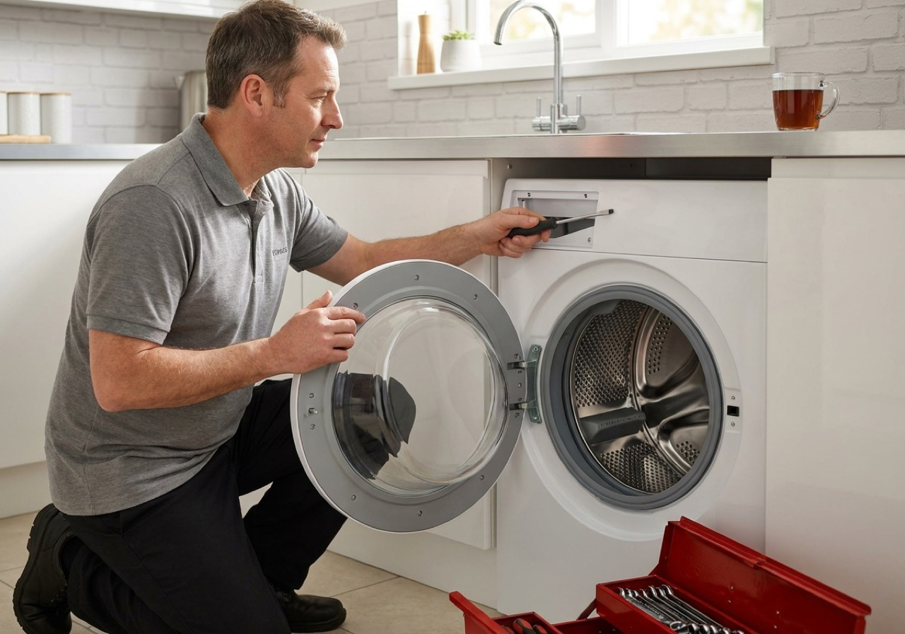A UK appliance repair engineer servicing a washing machine in a customer's kitchen
