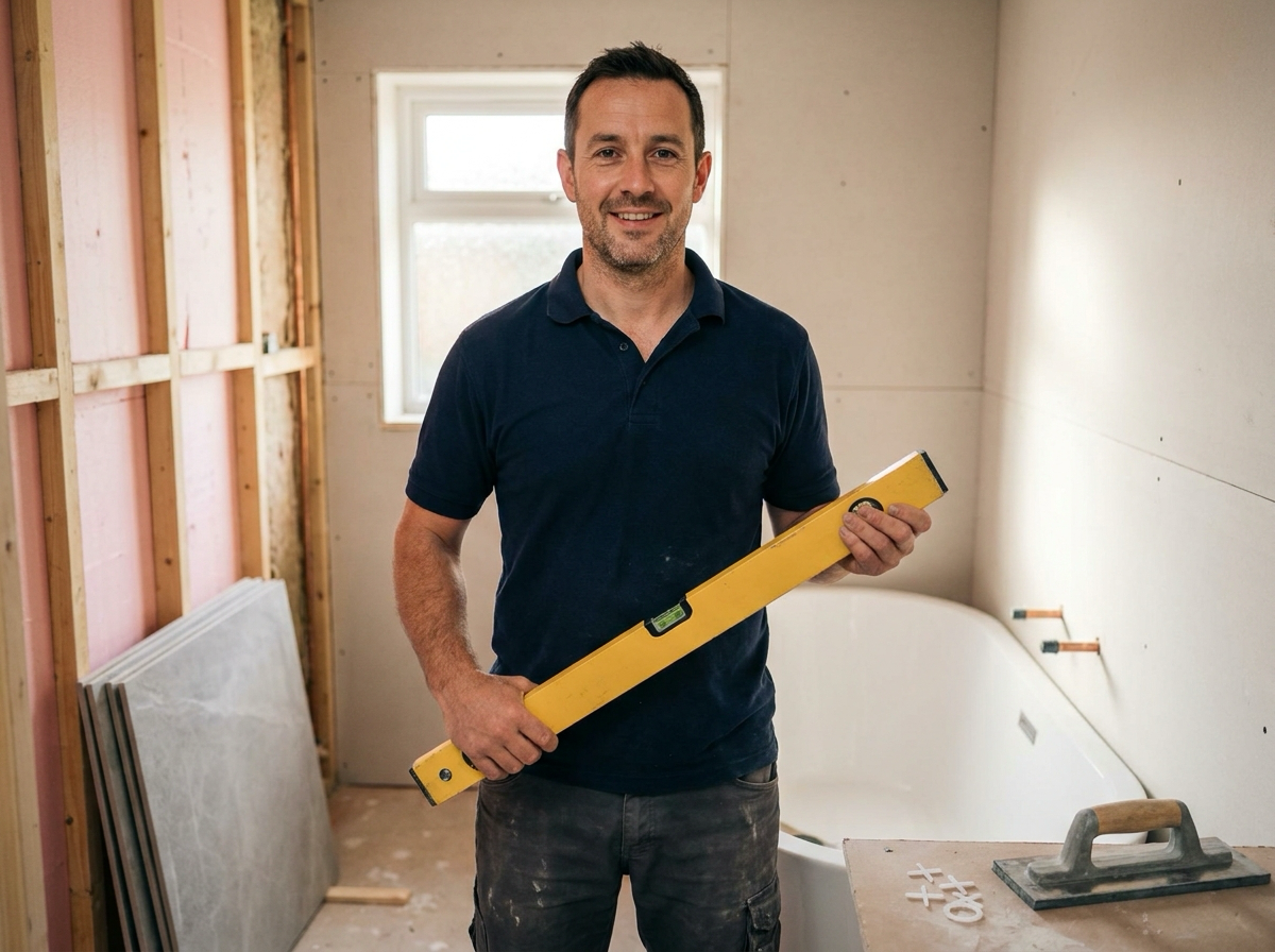 A UK bathroom fitter smiling in a partially-fitted bathroom, holding a spirit level beside a freestanding bath and stacked floor tiles