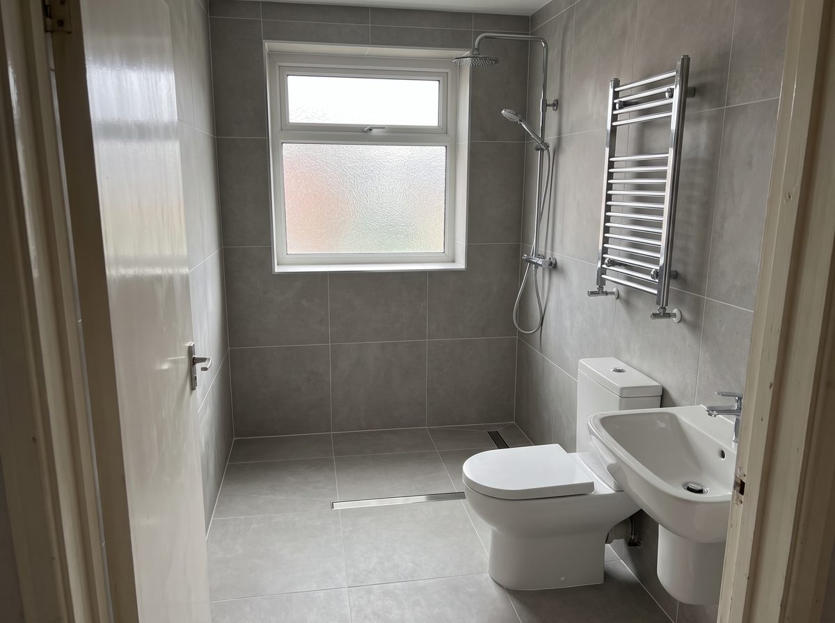 The same bathroom refitted with a walk-in shower, large grey tiles and a white suite