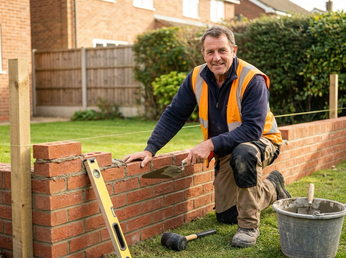 A UK bricklayer smiling while building a garden wall, with a line and pins strung along the top course
