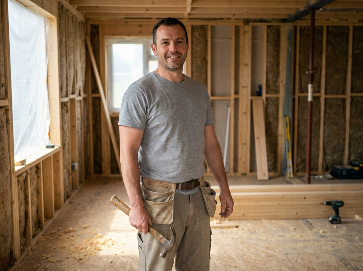 A UK carpenter smiling inside a partly-built timber stud wall, tool belt and claw hammer in hand