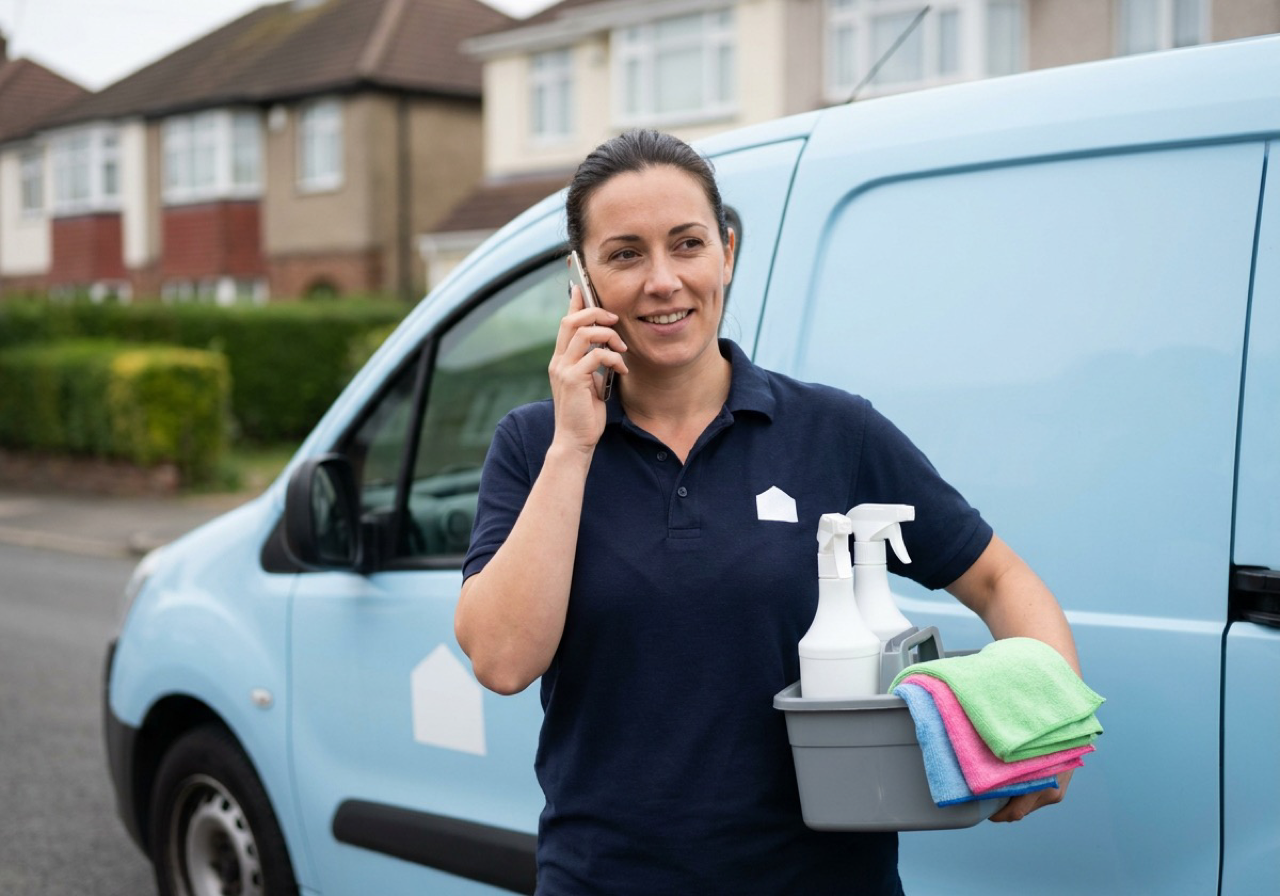 A professional cleaning business owner taking a customer booking call beside her work van on a residential street