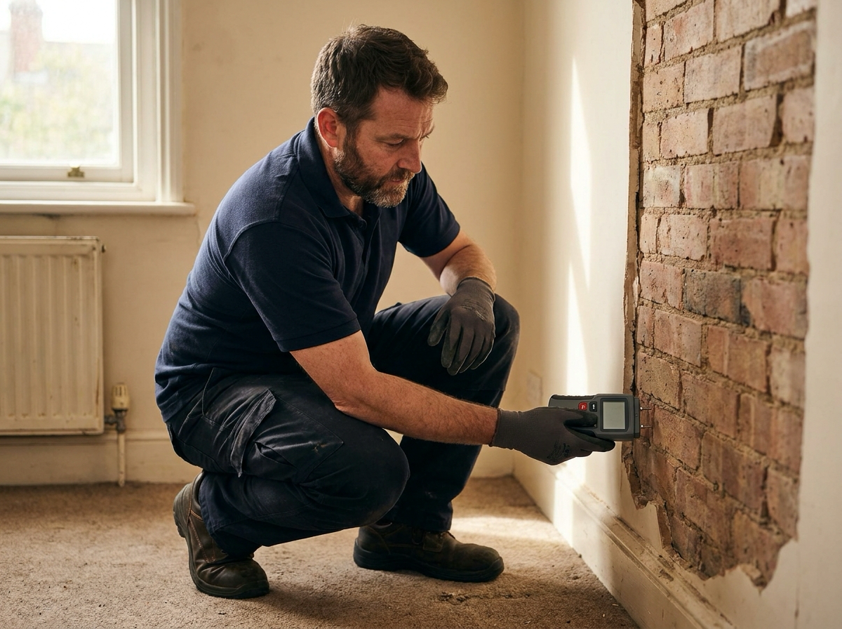 A UK damp proofing specialist kneeling beside an exposed brick wall, checking it with a handheld moisture meter
