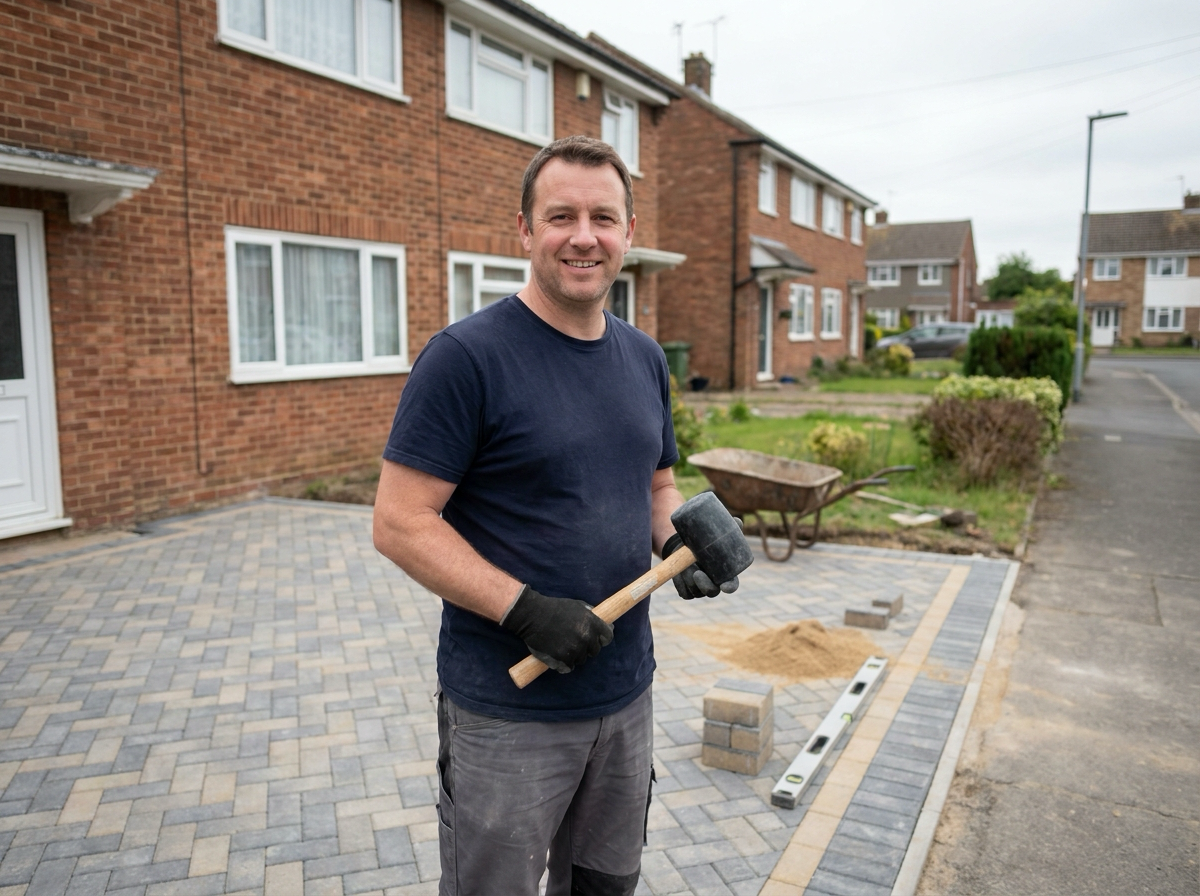 A UK driveway and paving installer smiling on a newly laid block-paved driveway, holding a rubber mallet