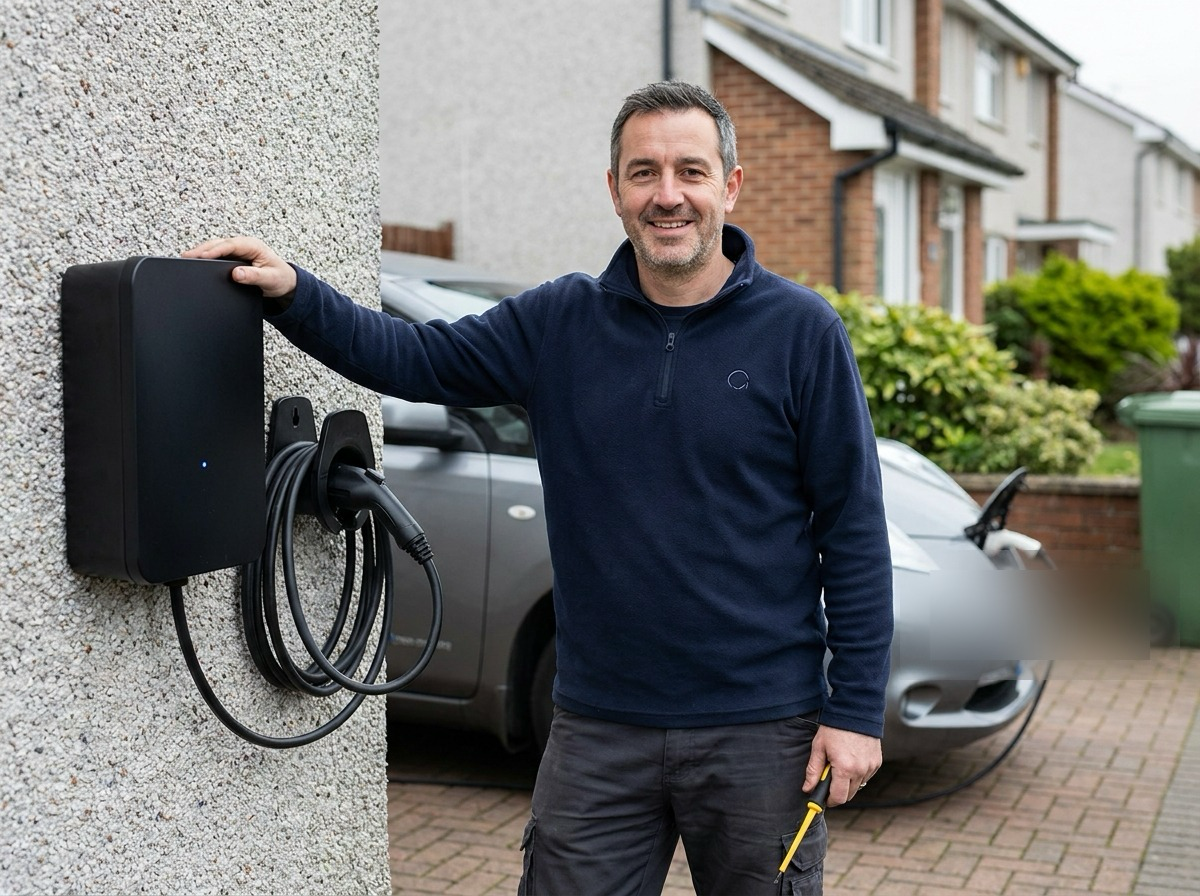 A UK electrician smiling beside a newly installed home EV wall charger, with an electric car charging on the driveway behind him