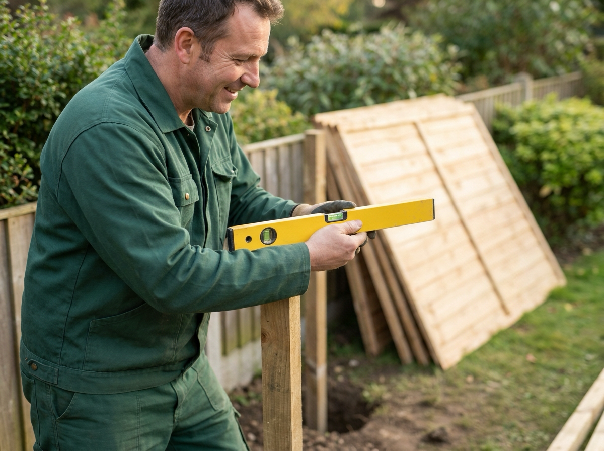 A UK fencing contractor checking a new fence post is level in a residential garden