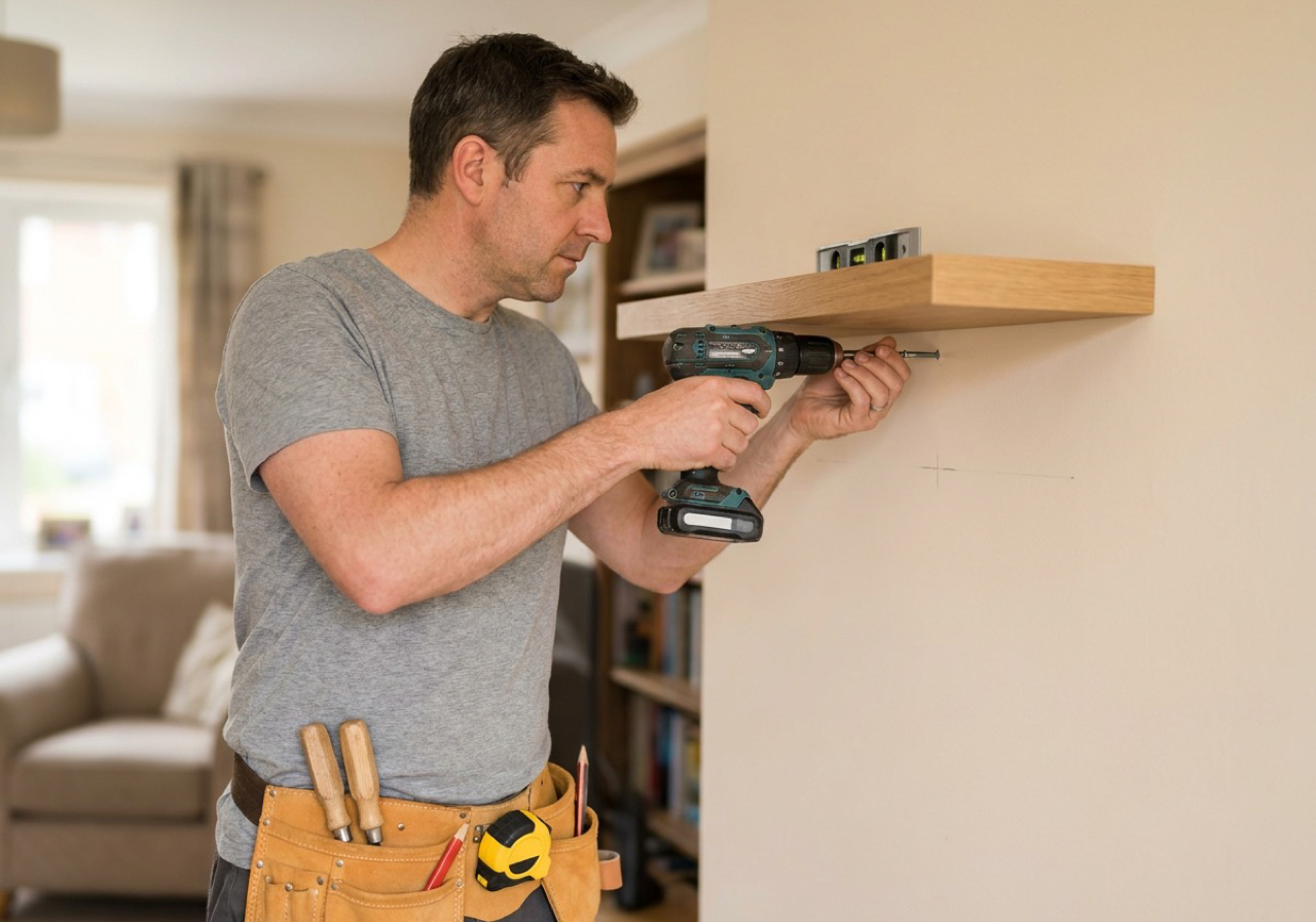 A UK handyman fitting a floating oak shelf in a customer's living room, tool belt on