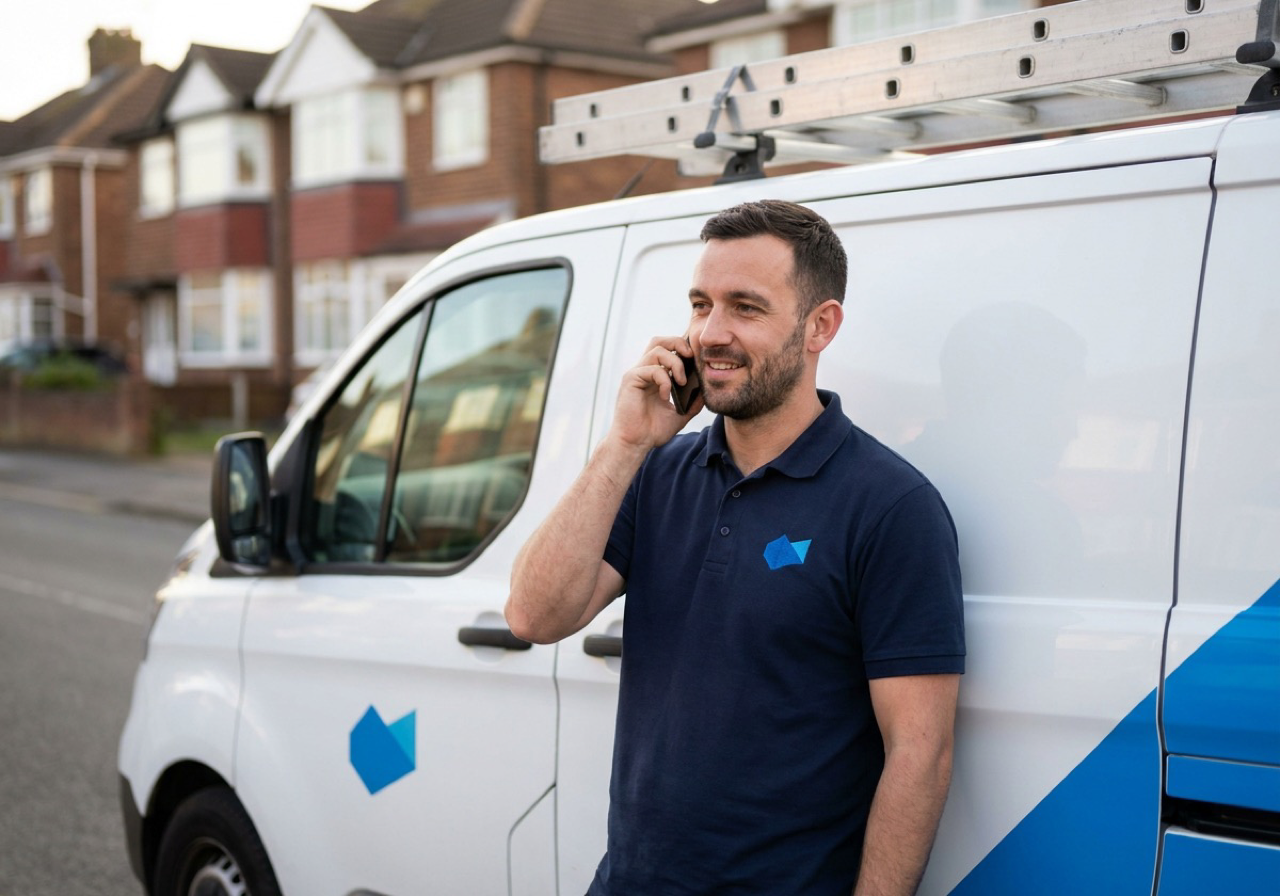 A UK Gas Safe heating engineer taking a customer call beside his branded heating van on a residential street