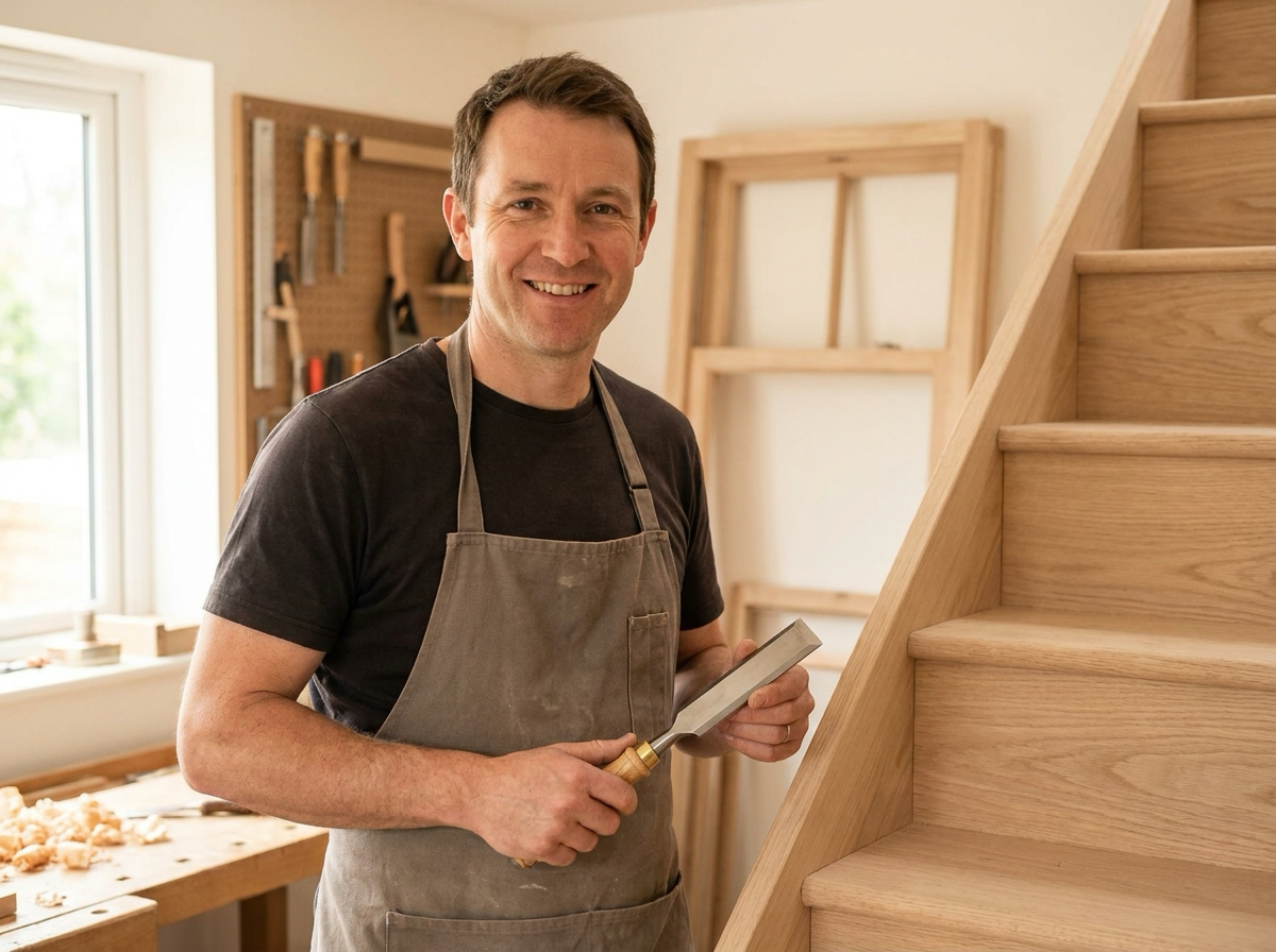 A UK joiner smiling in his workshop beside an oak staircase, holding a bevel-edge chisel
