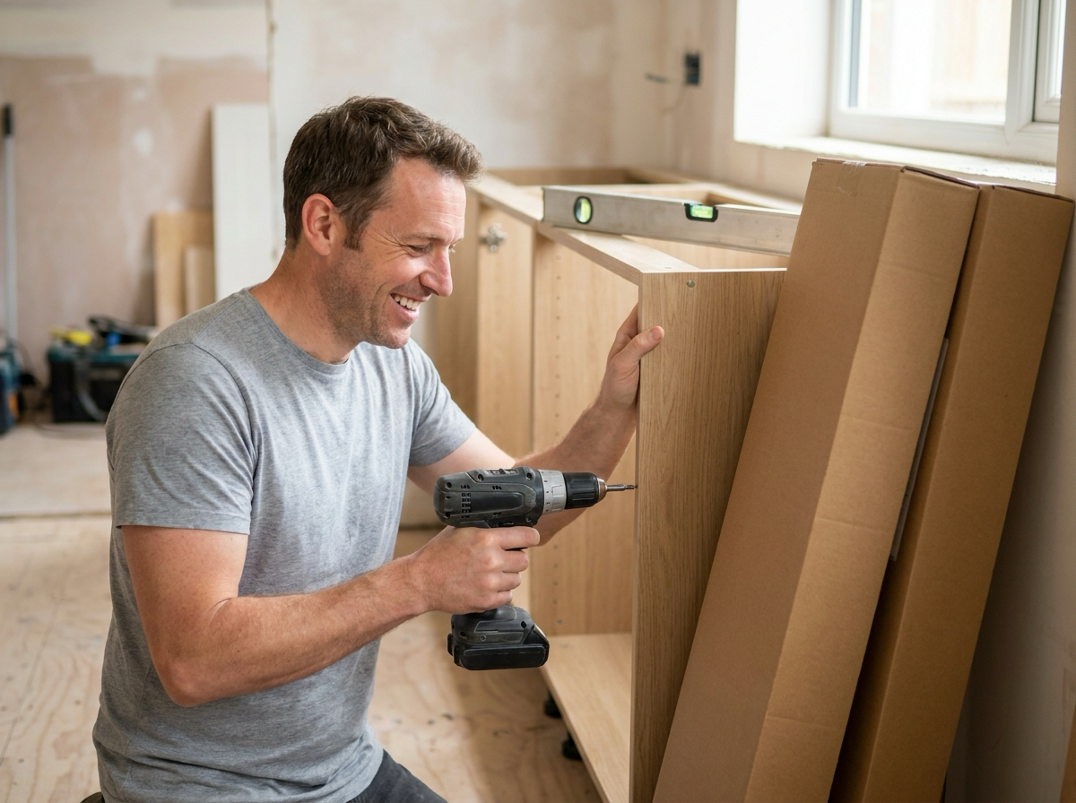 A UK kitchen fitter smiling while fitting a cabinet unit in a partially-installed kitchen