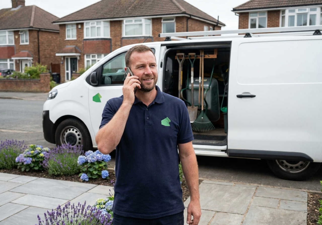 A professional UK landscaper taking a customer call beside his work van on a suburban street, a freshly laid sandstone patio at his feet
