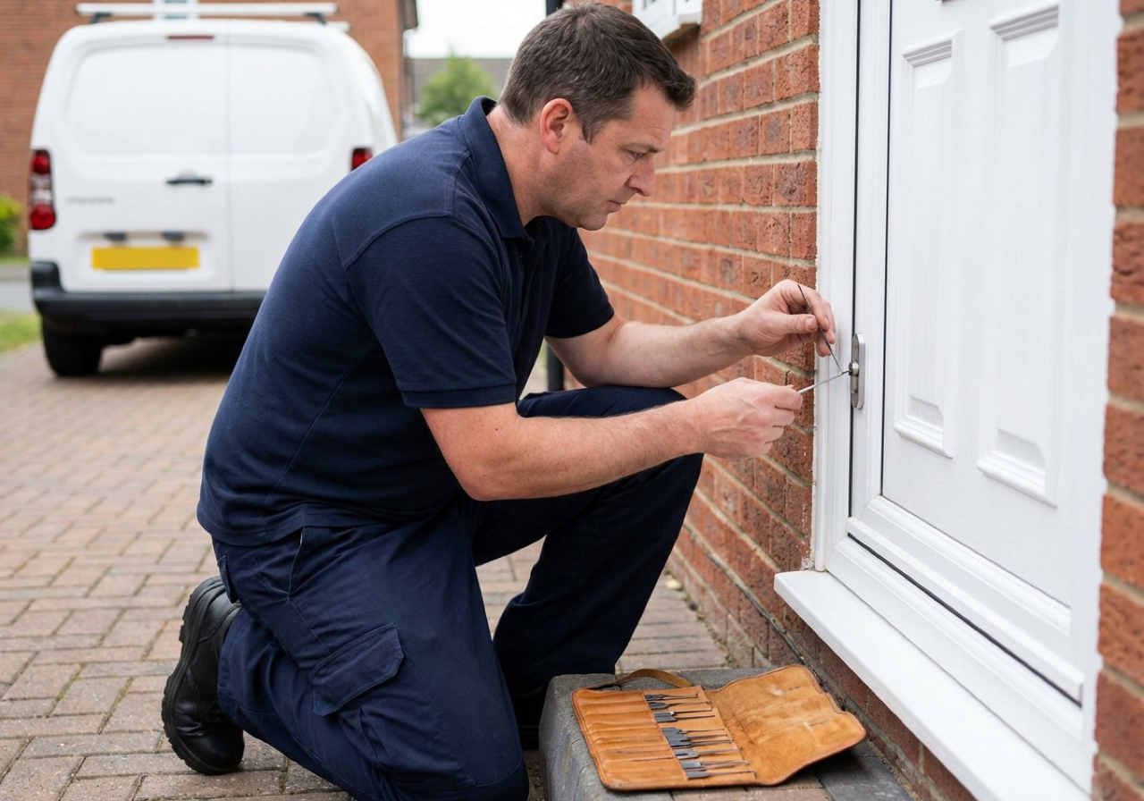 A UK locksmith picking the lock of a front door to let a locked-out homeowner back in