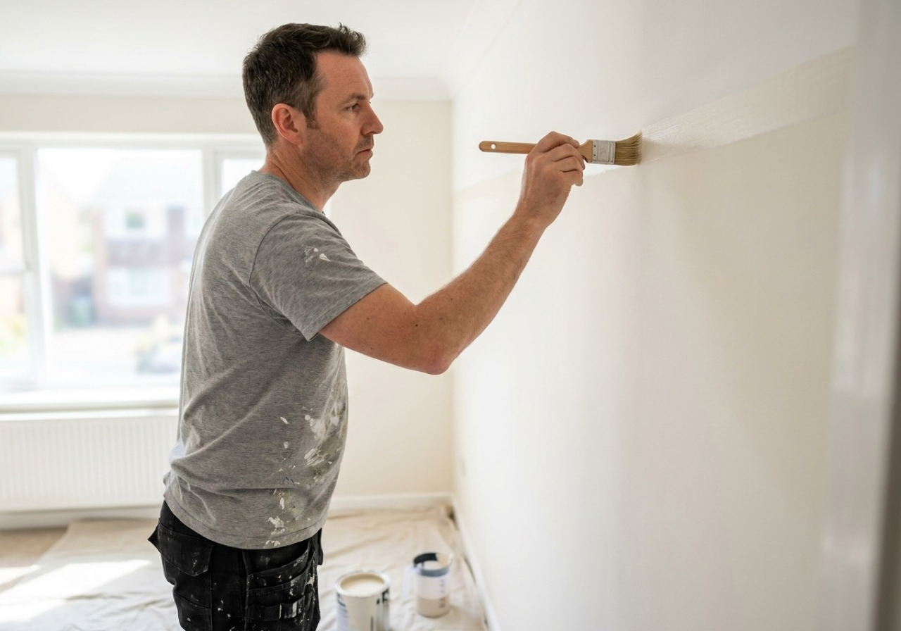 A UK painter and decorator cutting in a clean edge while painting a living room wall