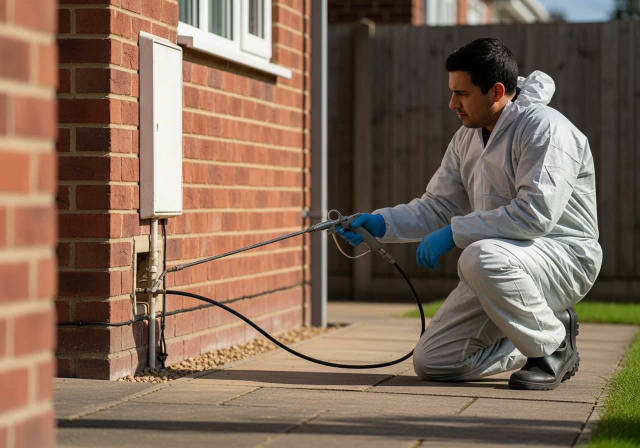 A UK pest control technician in protective kit treating the exterior of a house