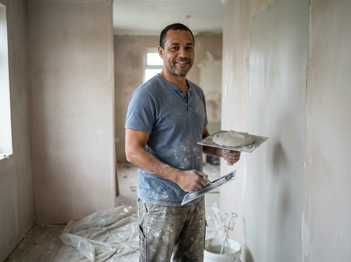 A UK plasterer smiling while holding a hawk and trowel beside a freshly skimmed interior wall