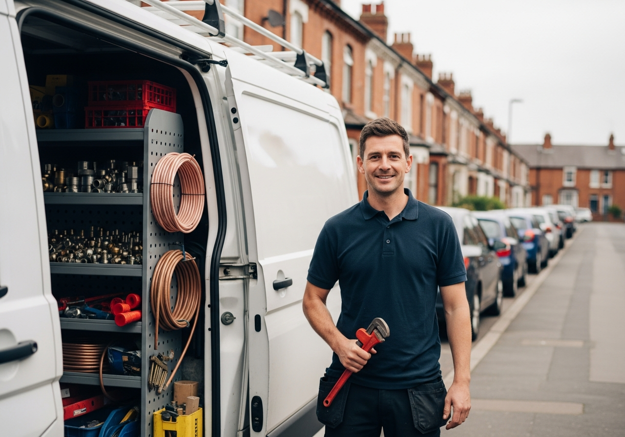 A UK plumber smiling beside his work van, tools and copper pipe on a residential street