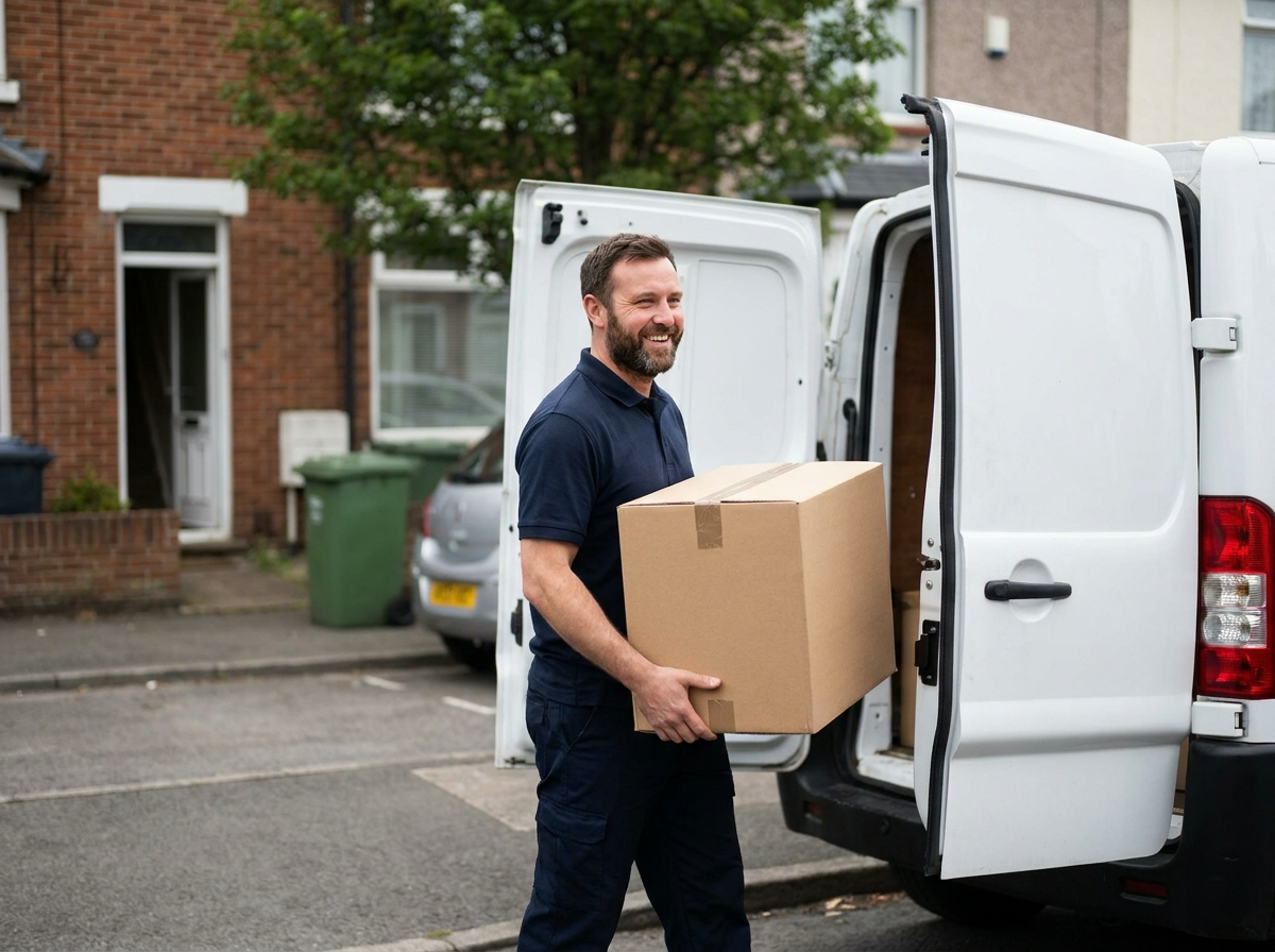 A UK removals worker carrying a moving box to a plain van outside a house on moving day