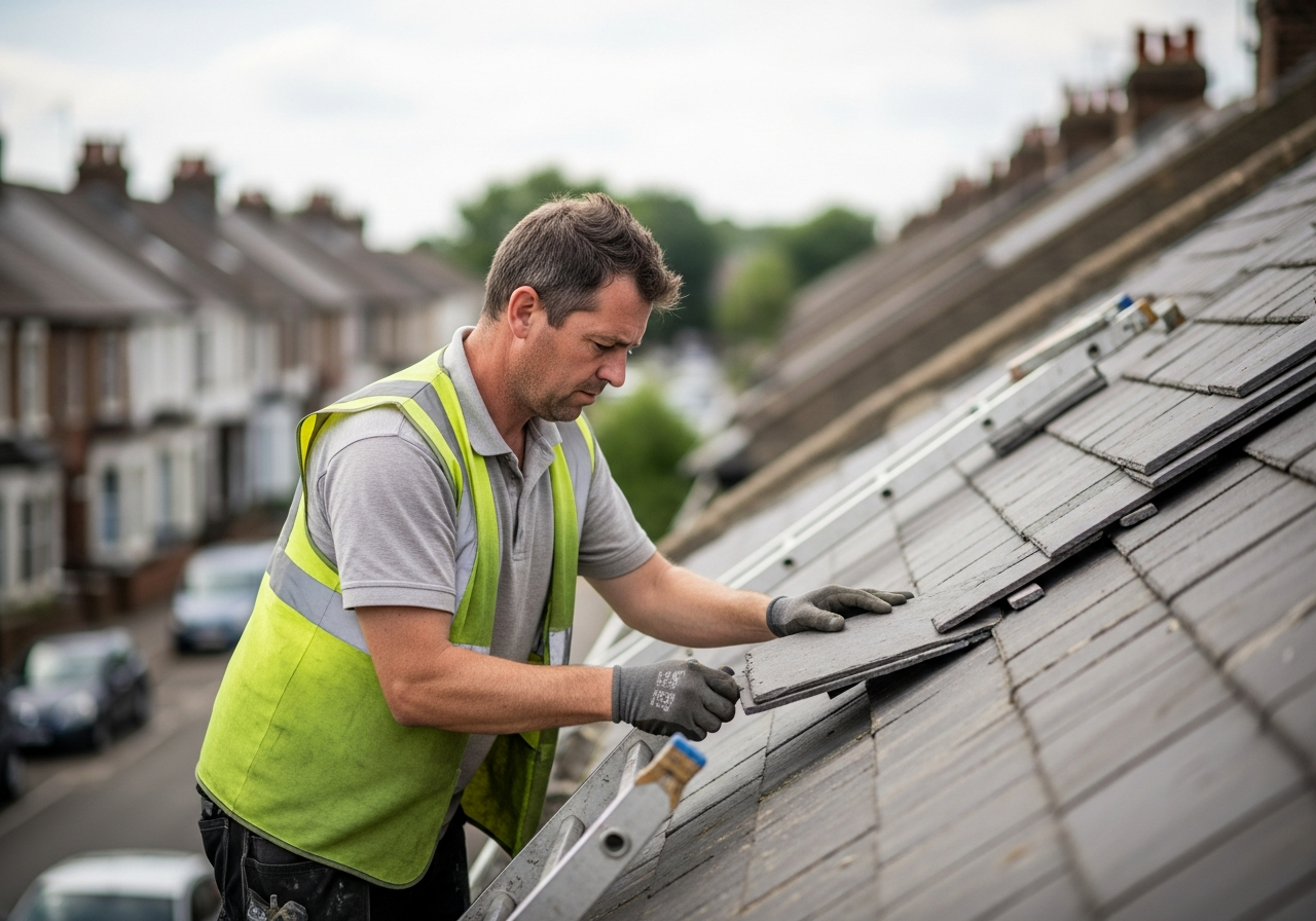 A UK roofer on a residential roof beside his ladder, tiling work in progress