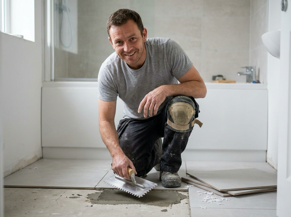 A UK tiler smiling while laying porcelain floor tiles with a notched trowel in a partly-finished bathroom