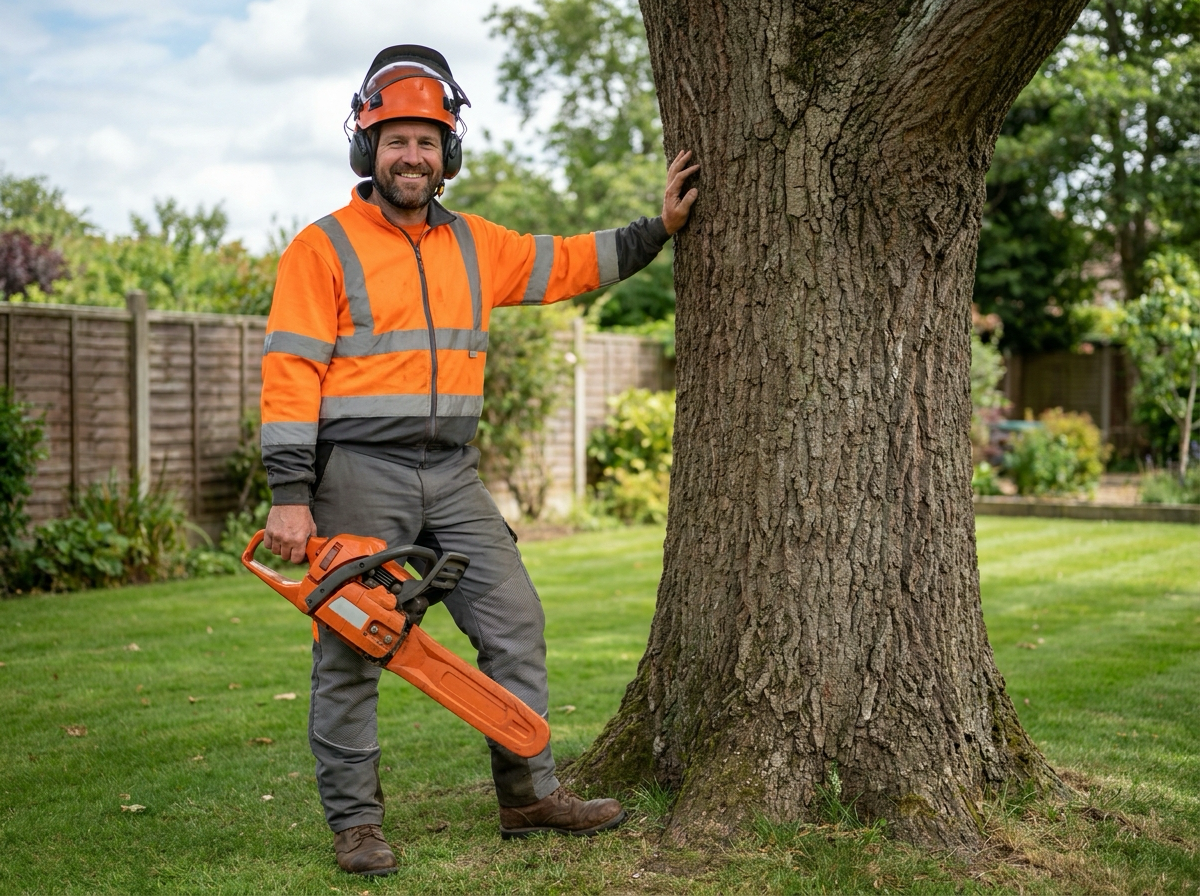 A UK tree surgeon smiling beside a mature garden tree, wearing PPE and holding a chainsaw safely at rest