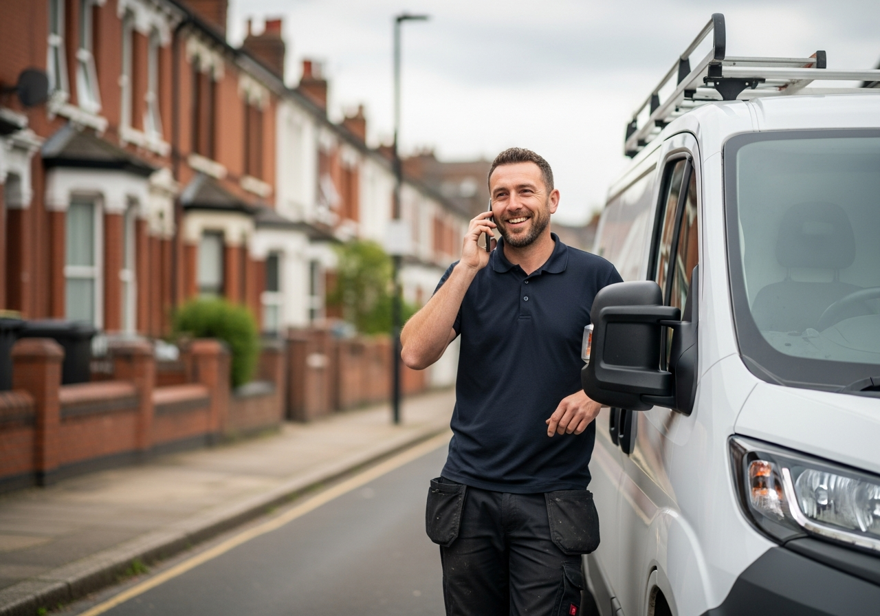 A UK tradesperson by their work van, ready for the next local job