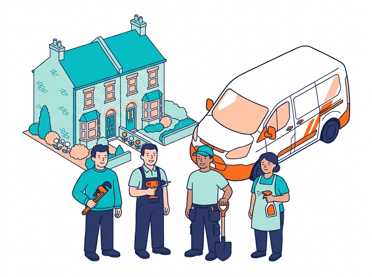 The home-service trades ContentWorks works with… plumbers, electricians, landscapers and cleaners, beside a work van on a UK street