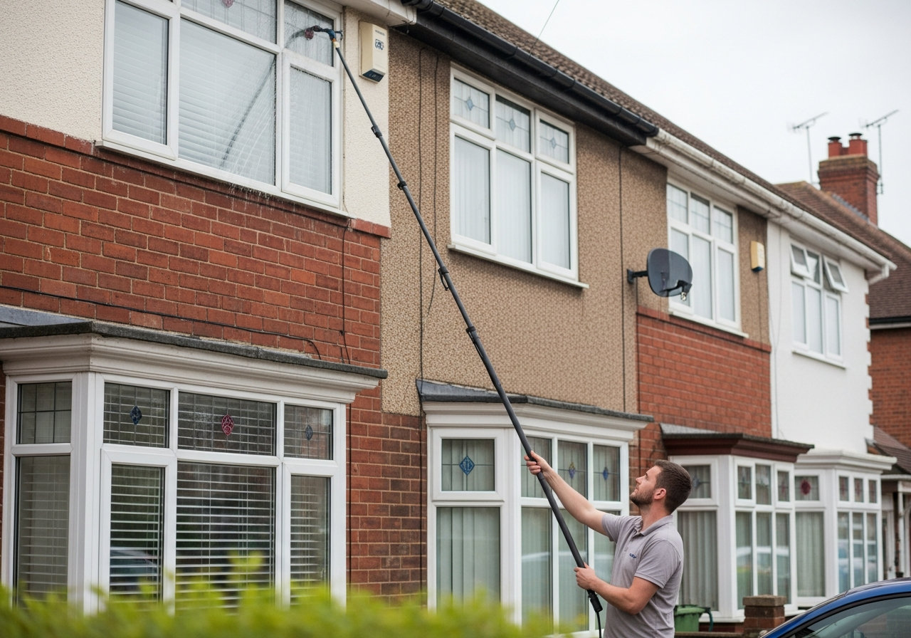 A UK window cleaner with a water-fed pole cleaning the windows of a house