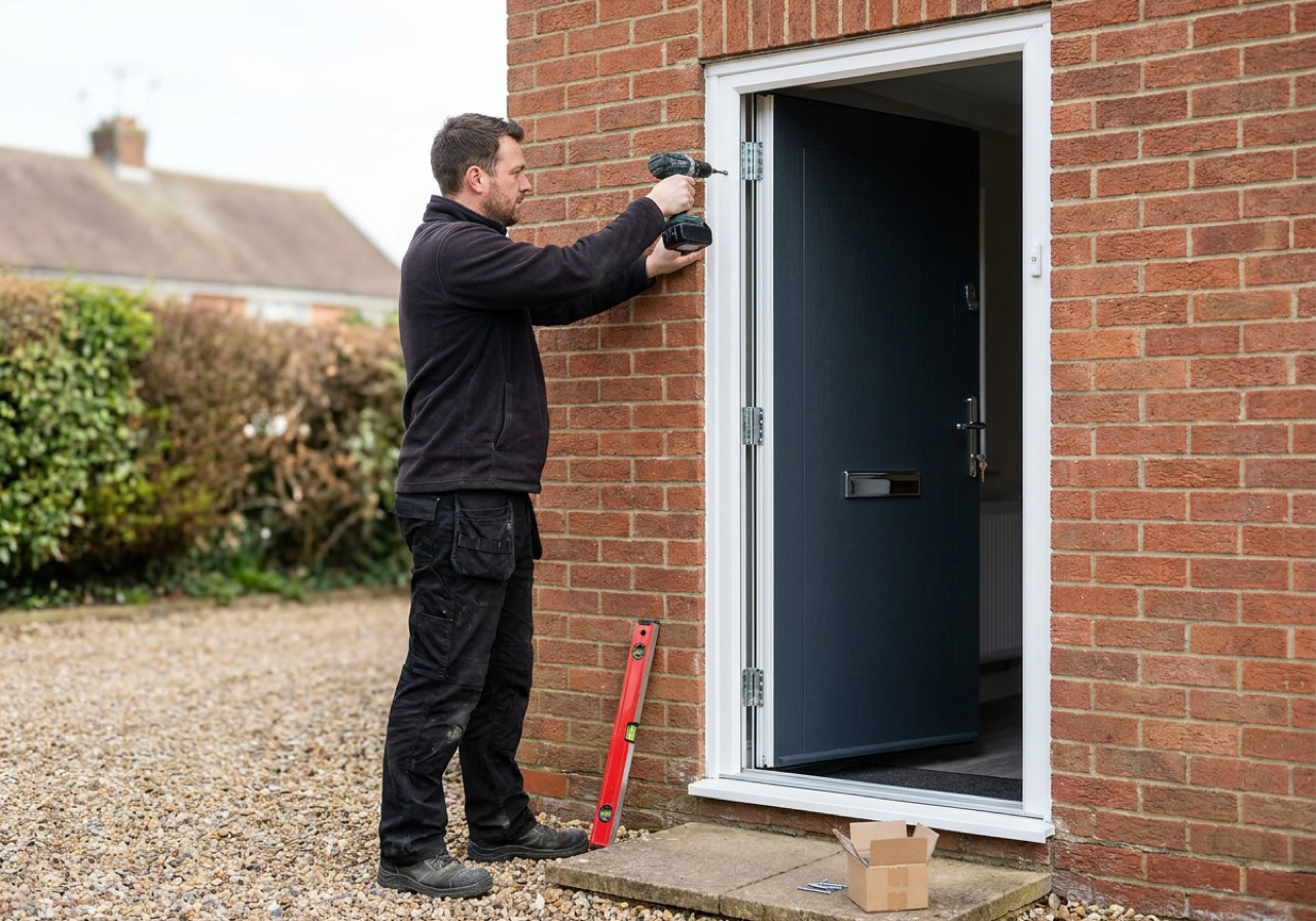 A UK window and door installer fitting a new composite front door to a home