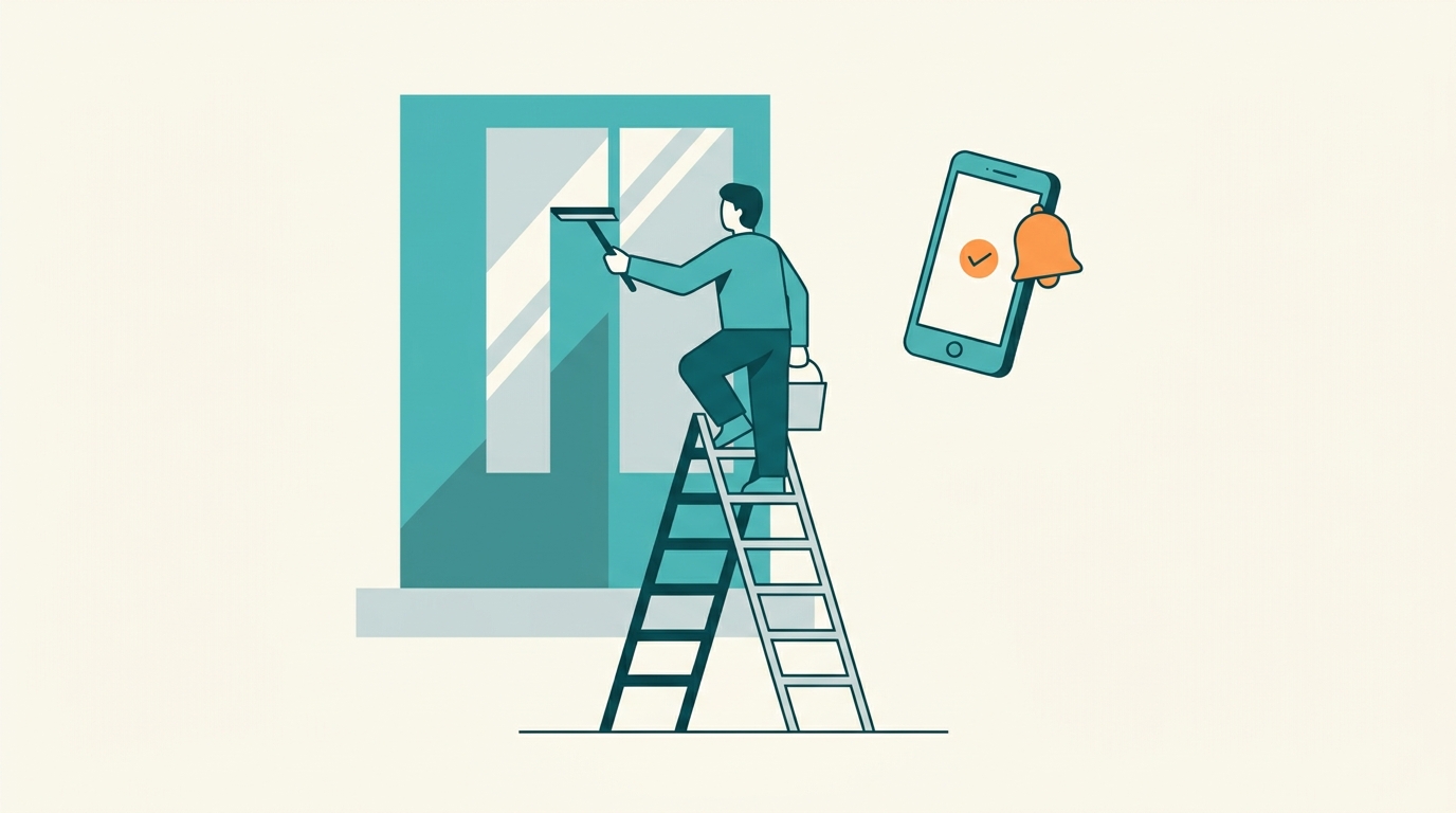 Illustration of a window cleaner receiving a new booking notification on their phone while working