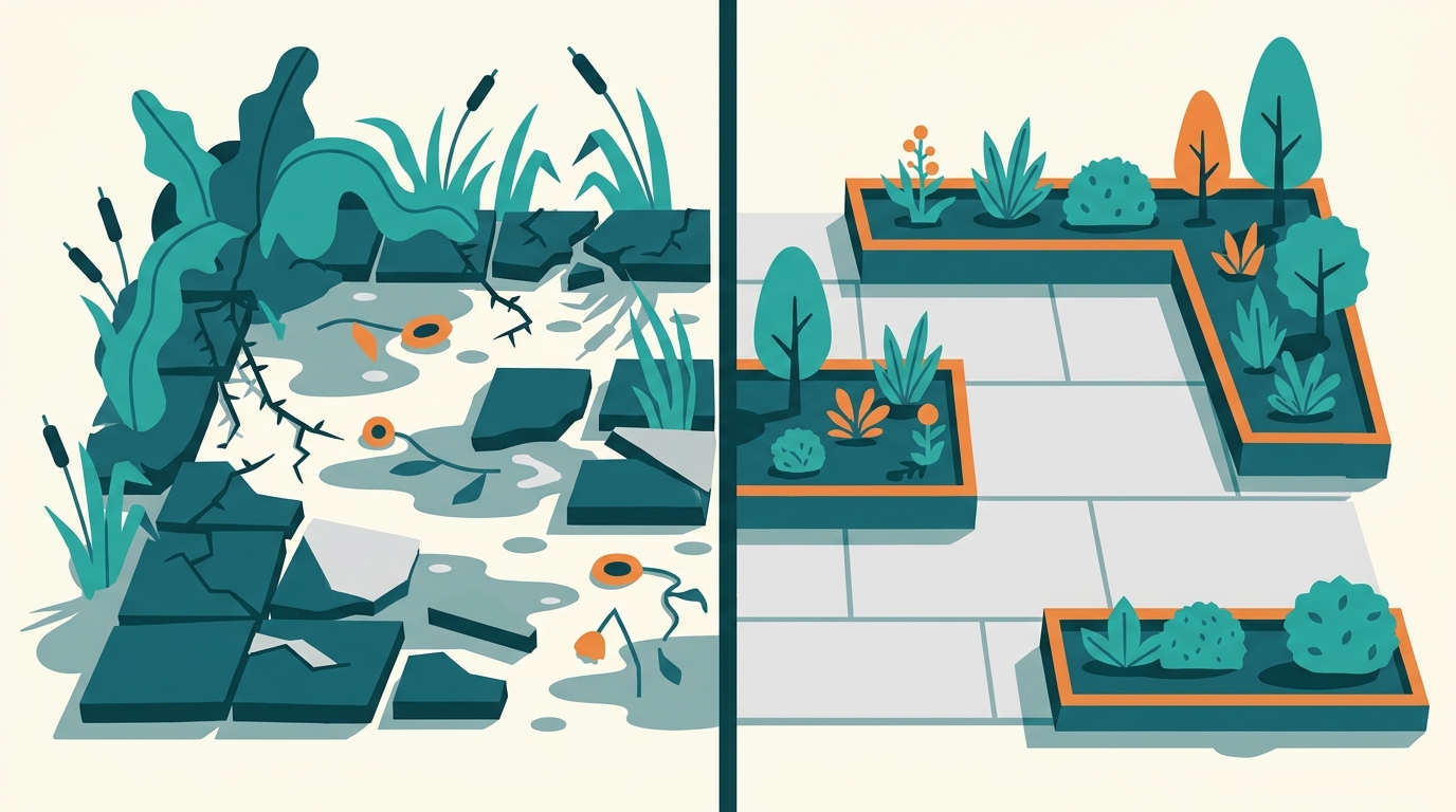 Before and after split-screen illustration of a garden transformation from overgrown to paved patio