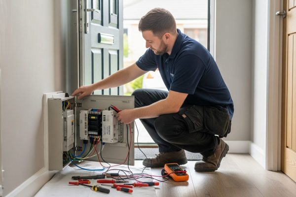 Can AI Replace an Electrician Marketing Agency? UK electrician crouching beside an open consumer unit in a domestic hallway, tools laid out on a dust sheet