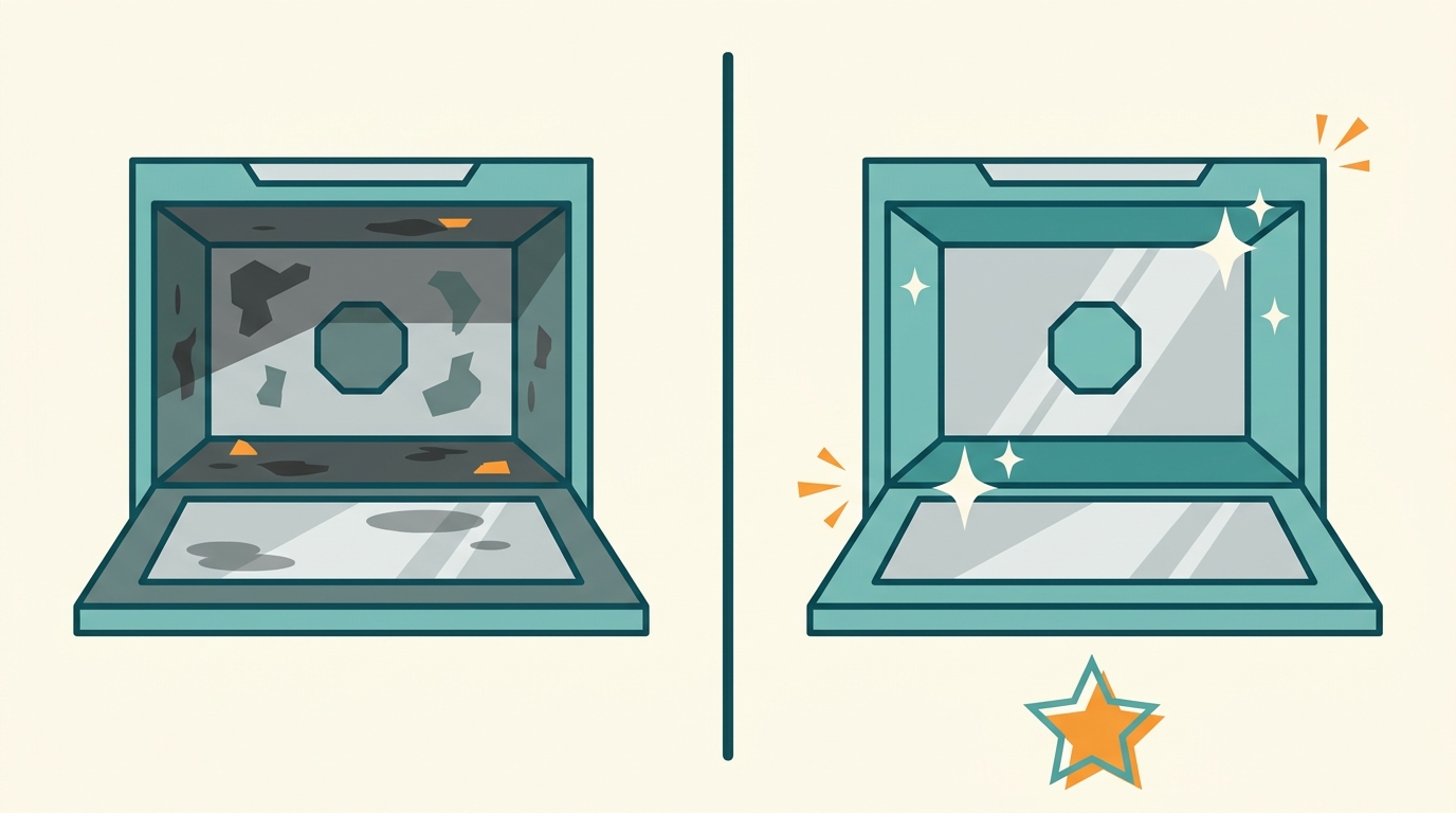 Flat-vector before and after comparison showing a dirty oven transformed to a spotlessly clean oven with a five-star rating badge