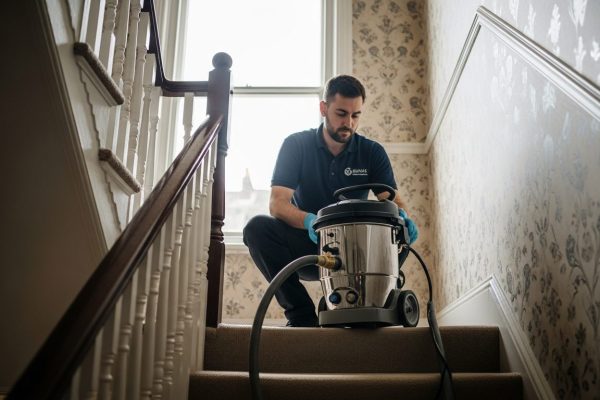 Scaling a Carpet Cleaning Business: What Actually Works Carpet cleaning technician using a hot-water extraction machine on residential stairs in a UK home