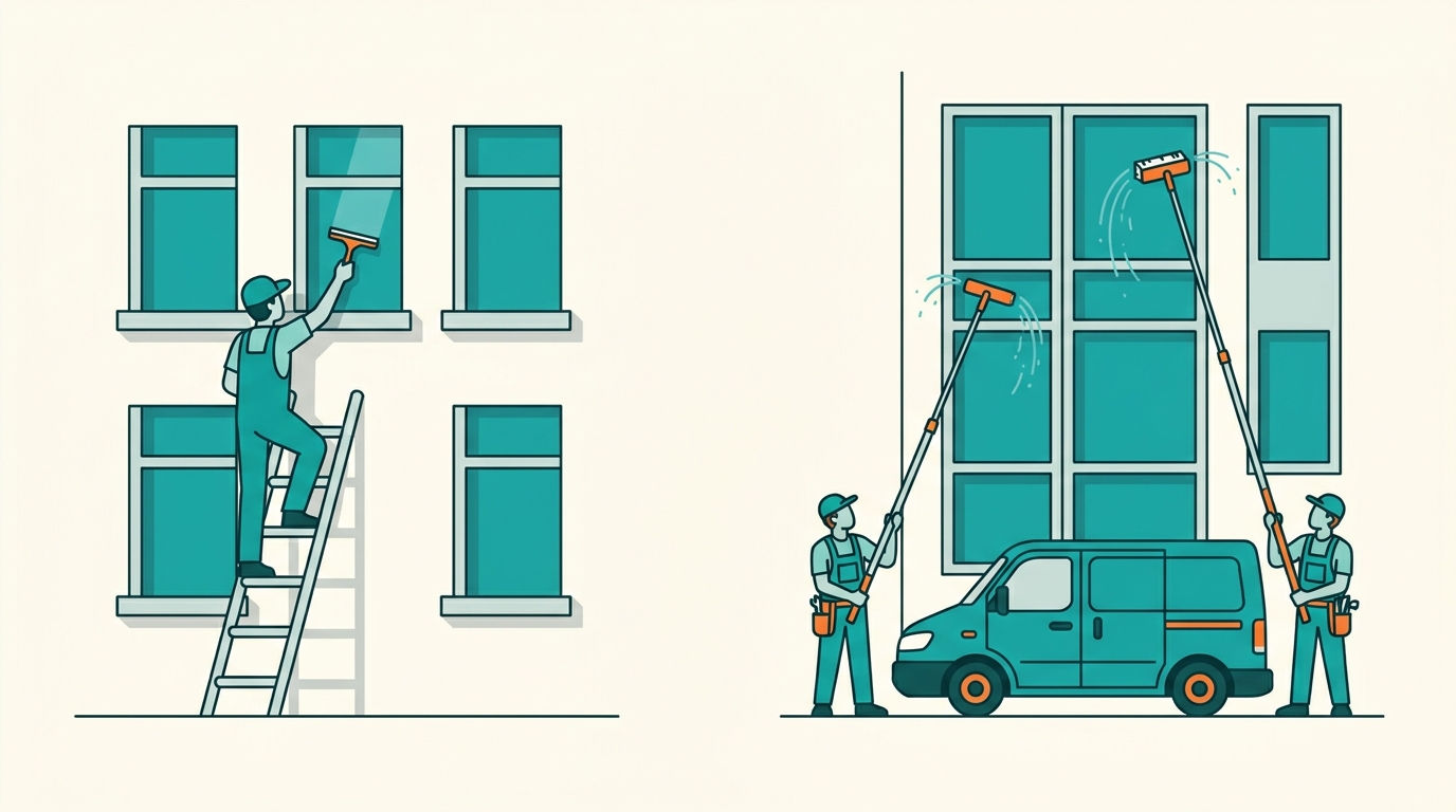 Illustration comparing a single window cleaner on a ladder versus a two-person water-fed pole team with a van